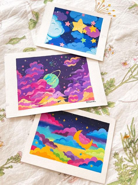 Gouache Painting Ideas, Space Paintings, Beautiful Dawn, 100k Followers, Posca Marker, Gouache Paint, Posca Art, Cute Canvas Paintings, Gouache Art