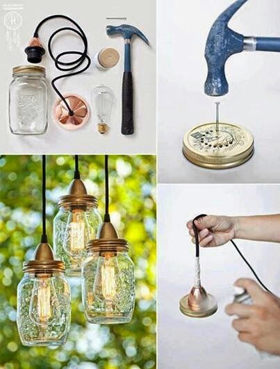 lights Diy Mason Jar Lights, Diy Luminaire, Mason Jar Lights, Diy Hanging Shelves, Diy Lampe, Homemade Home Decor, Wine Bottle Diy Crafts, Mason Jar Crafts Diy, Kraf Diy