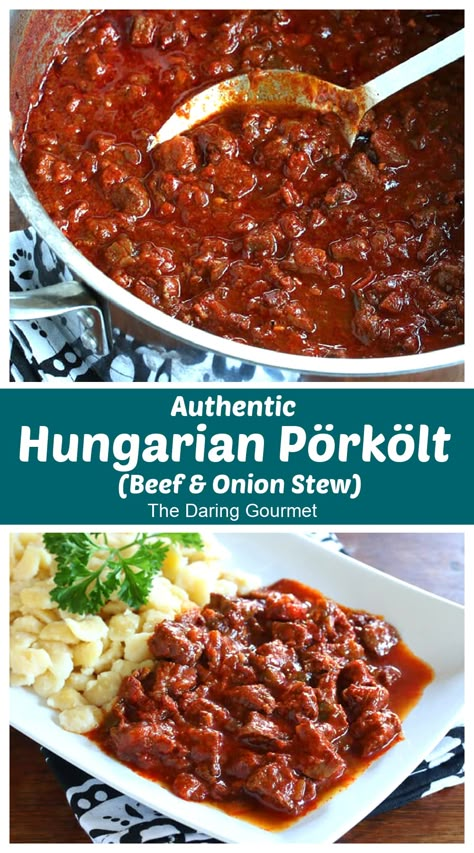 Authentic Pörkölt (Hungarian Beef and Onion Stew) Austrian Dishes, Daring Gourmet, Hungarian Dishes, Hungarian Goulash, Famous Dishes, European Dishes, Hungarian Cuisine, Eastern European Recipes, Hungarian Food