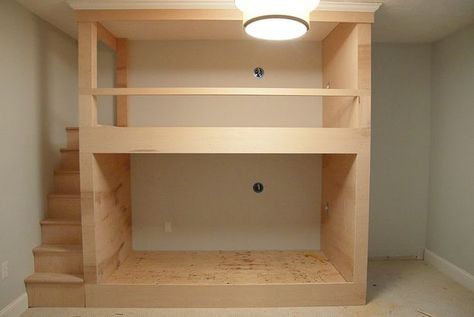 Six Week Challenge–Week 2: DIY Built-In Bunkbeds for Around $700 Built In Bunk Beds, Bunk Bed Rooms, Modern Bunk Beds, Diy Bunk Bed, Bunk Beds Built In, Deer Camp, Built In Bunks, Bunk Rooms, Bunk Beds With Stairs