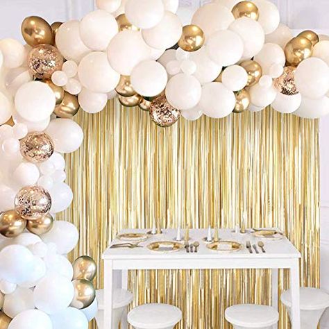 White Gold Balloon Garland, White Gold Balloons, Tinsel Curtain, Gold Balloon Garland, Leaf Confetti, Black And Gold Balloons, Blowing Up Balloons, Simple Birthday Decorations, Gold Confetti Balloons