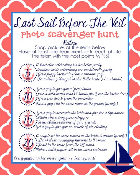 Bachelorette party scavenger hunt #nautical #bachelorette #party Nautical Hens Party, Bachelorette Cruise Scavenger Hunt, Last Sail Before The Veil Bachelorette Party Ideas, Bachelorette Party Nautical Theme, Houseboat Bachelorette Party, Bachelorrete Themes, Bachelorette Cruise Ideas, Fun Bachelorette Party Ideas, Cruise Bachelorette