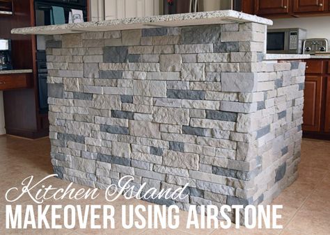 Airstone Kitchen Island or Breakfast Bar Makeover. Tutorial using Airstone to create a faux stone look in the kitchen. Stone Kitchen Island, Island Makeover, Kitchen Island Makeover, Diy Bricks, Breakfast Bar Lighting, Stone Diy, Stone Decoration, Stone Bar, Stone Kitchen