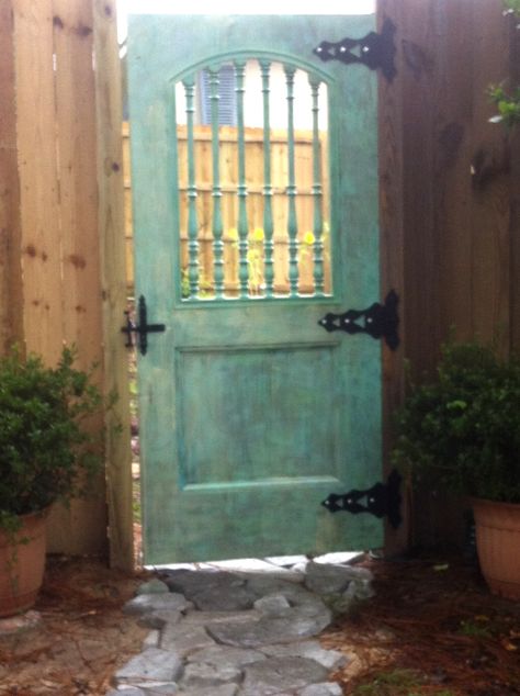 my new garden gate!  an old wooden door from a school that I painted Old Door Garden Ideas, Wooden Door Exterior, Wooden Garden Decor, Backyard Door, Porch Gate, Backyard Gates, Garden Gates And Fencing, Exterior Garden, Attic Staircase