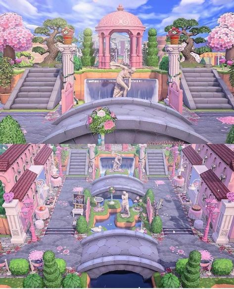 Moon Room Animal Crossing, Dreamy Animal Crossing Island, Coquette Animal Crossing Island, Coquette Acnh Island, Acnh Town Ideas, Acnh Cute Island Inspiration, Acnh Coquette, Pink Animal Crossing, Acnh Castle