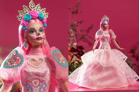 Embroidered Mexican Flower Catrina Gowns, Barbie Catrina, Barbie Halloween Doll, Sofia Ferreira, Sugar Skull Kimono, Barbie Signature, Pink Magnolia, Monster High Dolls Haunt Couture, Día De Muertos