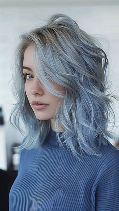 Silver Blue Hair Color, Grey Hair Pale Skin, Icy Silver Blue Hair, Greyish Blue Hair, Hair Colouring Ideas, Steel Blue Hair, Gray Blue Hair, Icy Silver Hair, Smokey Blue Hair