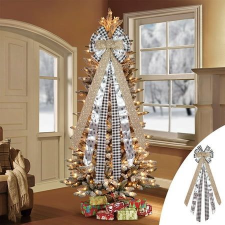 Christmas Tree Topper, 43x11 Inches Toppers Bow With Patterned Ribbon, Christmas Tree Topper Bow For Christmas Home Decoration Feature:  Material: cloth  Color: Khaki  Product net weight: 99g/0.63lb  Product gross weight: 110g/0.66 lb  Product size:110x30cm/43.3x11.81 in  Packing size:20x10x10cm/7.87x3.93x3.93in Description:  Perfect Design - Our Christmas tree topper bow with 11 inches diameter and 43 inches long tail is made of streamers with different materials and pattern. You can easily wra Ribbon Christmas Tree Topper, Bow For Christmas Tree, Tree Decorations Wedding, Christmas Tree Topper Ideas, Christmas Tree Topper Hat, Green Christmas Tree Decorations, Wedding Tree Decorations, Ribbon Christmas Tree, Lighted Tree Topper