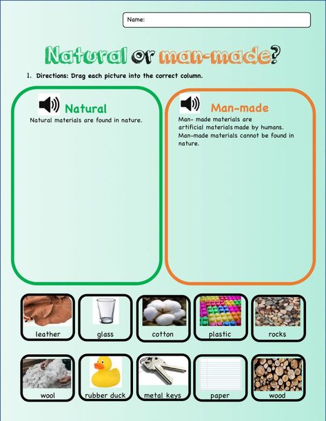 Materials interactive worksheet for Grade 1. You can do the exercises online or download the worksheet as pdf. Natural And Man Made Materials Worksheet, Materials Worksheet, English Preschool, Man Made Environment, Plants Worksheets, Creative Origami, The Worksheet, Social Studies Activities, Natural Science