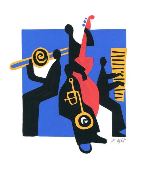 Original Art Gouache Painting, measuring: 22W x 26H x 0.1D cm, by: Andre Baldet (France). Styles: Pop Art, Impressionism, Minimalism, Figurative. Subject: Music. Keywords: Jazz Band, Jazz, Music, Jazz Players, New Orleans. This Gouache Painting is one of a kind and once sold will no longer be available to purchase. Buy art at Saatchi Art. Jazz Musician Style, African Jazz Art, Jazz Cover Art, Jazz Inspired Art, Music Inspired Paintings, Jazz Art Paintings, Soul Music Art, Jazz Typography, Jazz Illustration