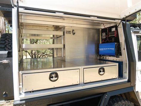 Ute Toolbox Setup, Ute Canopy Ideas Storage, Ute Canopy Ideas, Canopy Setup, Ute Camping, Work Truck Storage, 4wd Camping, Canopy Camping, Trailer Makeover