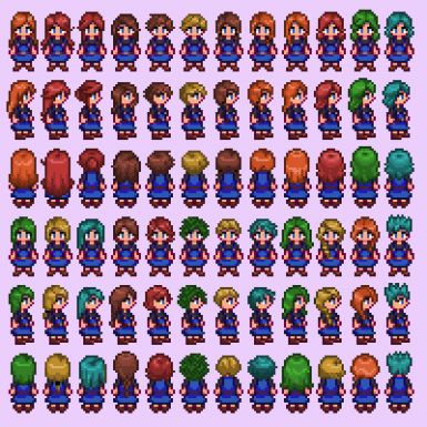 Adds Hairstyles for the farmer Stardew Valley Hairstyle, Pixel Art Hairstyles, Stardew Valley Farmer Oc Art, Stardew Valley Hair, Stardew Valley Farmer Oc, Stardew Valley Female Farmer, Stardew Valley Farmer Art, Stardew Valley Junimo Tattoo, Pixel Characters