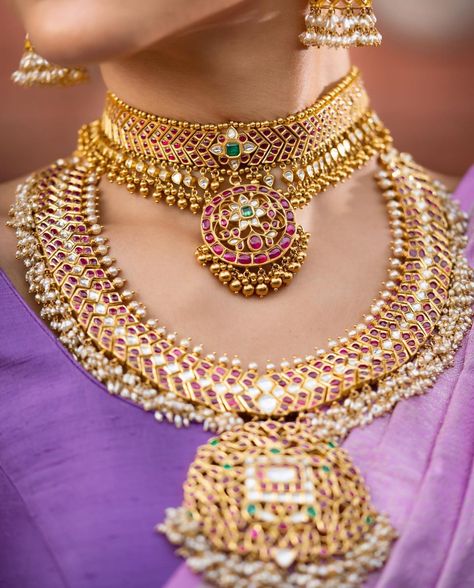 Kundan Necklaces Gold, Traditional Kasulaperu Designs, Kundan Jewellery Bridal Choker, Traditional Jewelry Antique, Kasulaperu Jewellery, Saree Bride, Indian Gold Jewellery Design, Gold Haram, Ruby Jewellery