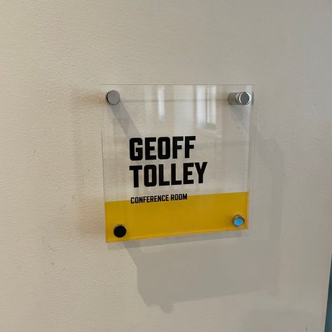 We made these custom acrylic identification signs to mark meeting rooms at Chemistry, a creative advertising agency. They honored past partner Geoff Tolley by naming the main agency conference room after him, and also showed their love for a certain local amusement park’s most famous rides – the Jack Rabbit and Thunderbolt.

#spark #signs #signage #signdesign #signagedesign #interiorsigns #acrylicsigns Conference Room Signage, Meeting Room Sign, Mission Statement Design, Meeting Room Names, Conference Marketing, Restroom Signage, Restrooms Signage, Room Signage, Lobby Sign