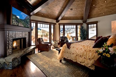 Master bedroom. Would love that view! Mountain Contemporary Home, Winter Bedroom, Bedroom Fireplace, Traditional Bedroom, Design Del Prodotto, Remodel Bedroom, Dream Home Ideas, Master Bedrooms, Rustic Bedroom