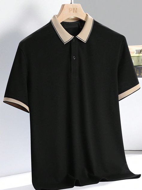 Black Casual Collar Short Sleeve Knitted Fabric   Embellished Slight Stretch  Men Clothing New Mens Fashion Casual Shirts, Black Polo Outfit Men, Black Shirt Design, Vans Outfit Men, Polo Outfit Men, Mens Polos, Polo T Shirt Design, Polo T Shirts For Men, Kaos Polo