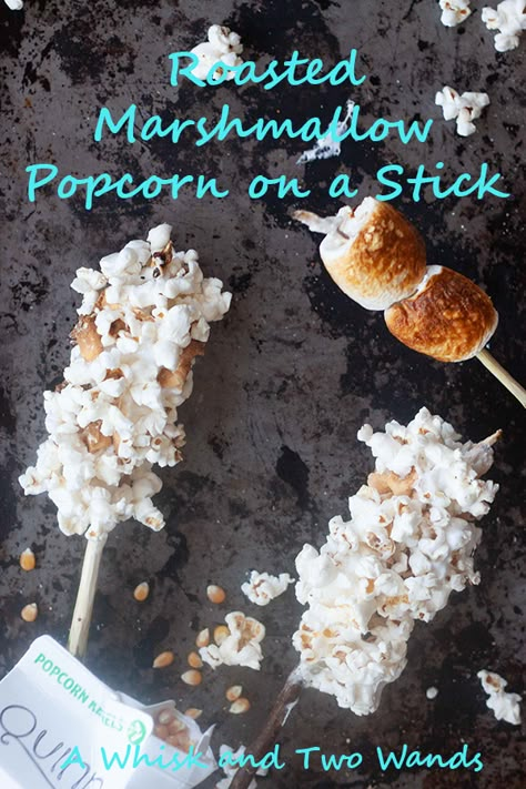 Roasted Marshmallow Popcorn on a Stick - A Whisk and Two Wands Fire Pit Food, Marshmallows On A Stick, Popcorn Ball, Campfire Snacks, Roasted Marshmallow, Marshmallow Popcorn, Campfire Desserts, Around The Campfire, Campfire Food