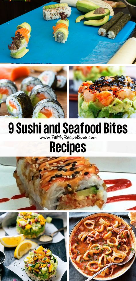 we share a few suchi and seafood bites recipe ideas for you to create for a meal or platter. Make these sushie bites with calamari or seafood, a salad and eggplant pizza and roll, soups. more to choose from. Tuna Sushi Recipes, Seafood Bites, Calamari Salad, Eggplant Pizza, Sushi Recipes Homemade, Eggplant Rolls, Shrimp Sushi, Eggplant Pizzas, Tuna Sushi