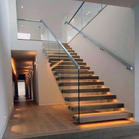 Top 60 Best Staircase Lighting Ideas - Illuminated Steps Glass Stairs Design, Staircase Lighting Ideas, Laminate Stairs, Stainless Steel Balustrade, Cantilever Stairs, Steel Balustrade, Stairway Lighting, Glass Railings, Interior Design Minimalist