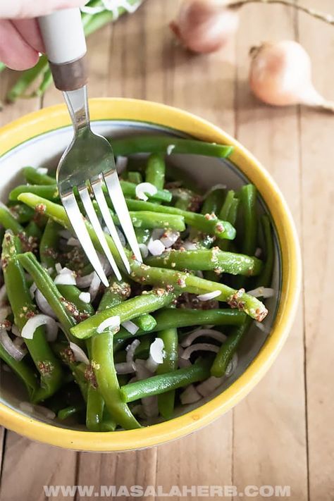 Cold Green Bean Salad with French Mustard Vinaigrette Dressing - Masala Herb Mustard Vinaigrette Dressing Recipe, Green Bean Salad Cold, Cold Green Bean Salad, Mustard Vinaigrette Dressing, Bean Salad Dressing, Green Bean Salad Recipes, Vinaigrette Dressing Recipe, French Mustard, Bean Salads