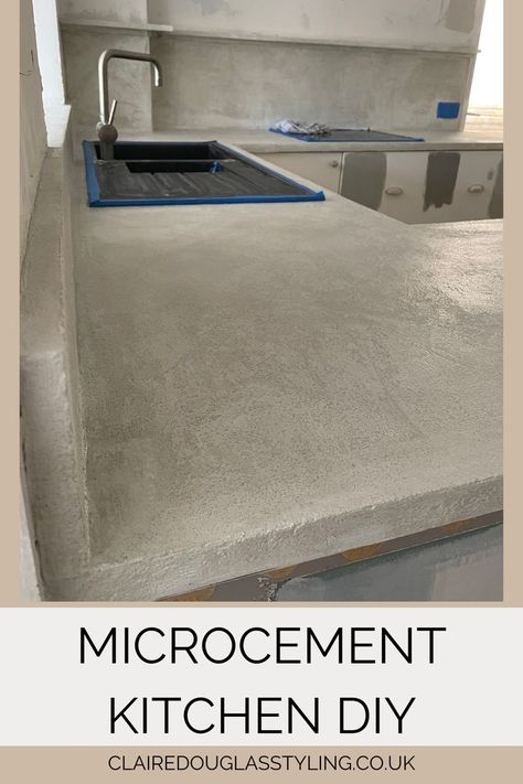 microcement applied to cover kitchen countertops in a diy kitchen makeover Kitchen Cement Countertops, White Cement Countertops, Cement Kitchen Countertops, Microcement Kitchen, Cement Countertop, Concrete Countertop Forms, Cement Kitchen, Micro Concrete, Cement Countertops