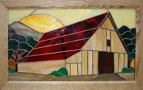 Stained glass barn Cottage art Hanging window by Firelightglassart Stain Glass Ideas, House Quilt Block, Glass Cross, Glass Diy, Stained Glass Decor, House Quilts, Cottage Art, Stained Glass Diy, Stained Glass Crafts