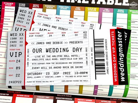 ticketmaster gig ticket wedding invitations Ticket Stub Wedding Invitations, Wedding Invitations Ticket Style, Wedding Invitations Ticket, Concert Ticket Wedding Invitations, Wedding Concert Poster, Concert Theme Wedding, Concert Venue Wedding, Music Festival Themed Wedding, Music Festival Themed Party