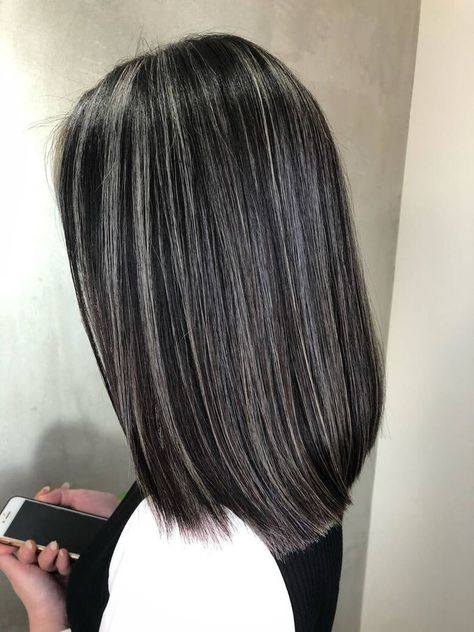 Brunette Hair With Silver Highlights, Silver Babylights On Dark Hair, Silver Hair Highlights On Black Hair, Hair Color Highlights For Black Hair, Black Hair With Gray Highlights, Gray Highlights On Black Hair, Black Hair Color With Highlights, Grey Blending Hair, Gray Highlights On Dark Hair