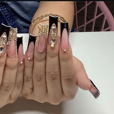 Gold Rhinestone French Tip Nails, Black Square Nails Long, Acrylic Nails Dramatic, French Tip Acrylics Short, Nail Designs Extra Long, Black French Tip Duck Nails, Nail Designs Extra, Black French Tip Nails With Rhinestones, French Nails With Gems