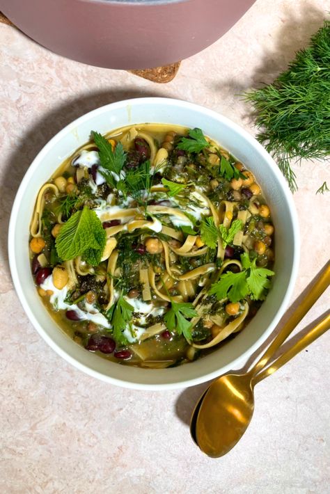 Vegan Ash Reshteh (Persian Noodle Soup) Ash Reshteh, Persian Cuisine, Snack Dip, Green Lentils, Red Kidney Bean, Canned Beans, Frozen Spinach, Unsweetened Coconut, Salad Side Dishes