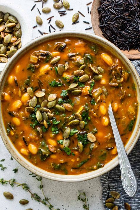 Creamy Pumpkin Wild Rice Soup (One-Pot!) - Fit Foodie Finds Creamy Pumpkin Wild Rice Soup, Cozy Autumn Wild Rice Soup, Pumpkin Rice Soup, Rice Soup Crockpot, Creamy Wild Rice Soup, Paleo Soups, Wild Rice Soup Recipes, Cold Weather Comfort Food, Fit Foodie Finds