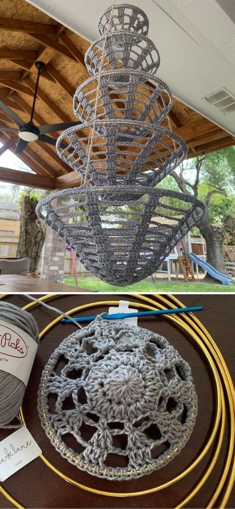 Crochet Tiered Hanging Basket, Crochet Canopy Pattern, Embroidery Hoop Crochet, Scrap Yarn Basket Crochet, Unique Crochet Home Decor, Crochet Hanging Shelves, Yarn Basket Crochet Pattern, Small Crochet Hanging Basket, Crochet Embroidery Hoop