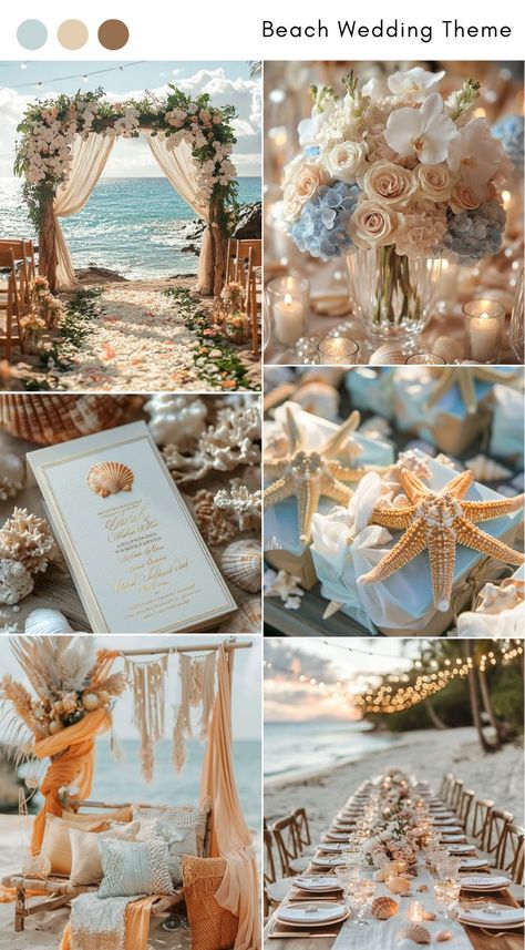 Beach wedding theme ideas for a relaxed, seaside celebration. Ocean Colors Wedding, Beach Wedding Celebration, Wedding Decorations Beach Theme, Under The Sea Theme Wedding, Wedding Bells And Seashells, Aqua And Gold Wedding, Sand Wedding Colors, Beach Theme Wedding Colors, Boat Theme Wedding