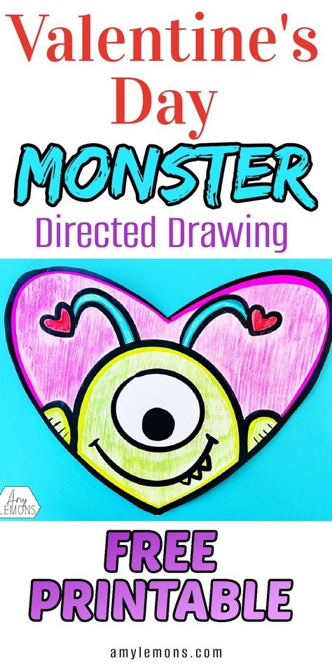 Monster Directed Drawing, Directed Drawing For Kids, Teachers Pay Teachers Freebies, Amy Lemons, Teaching Printables, Free Printable Crafts, Free Activities For Kids, Directed Drawing, Valentine's Day Crafts For Kids