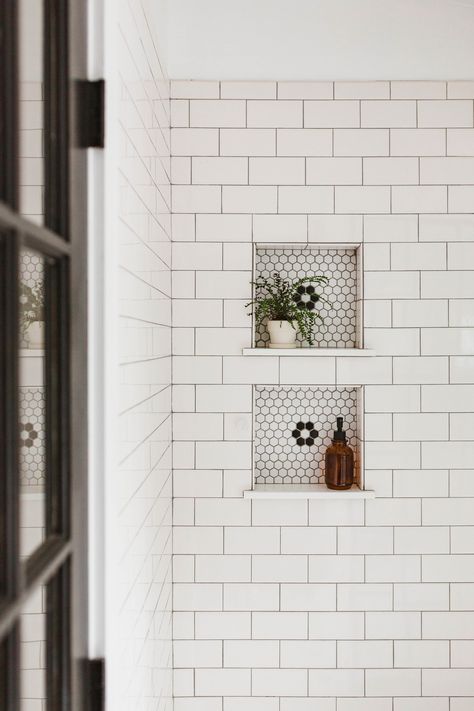 Subway Tile Showers, Farmhouse Side Table, Cute Dorm Rooms, Shower Niche, Shower Shelves, Dream Bathrooms, Shower Remodel, Bathroom Renos, Subway Tile