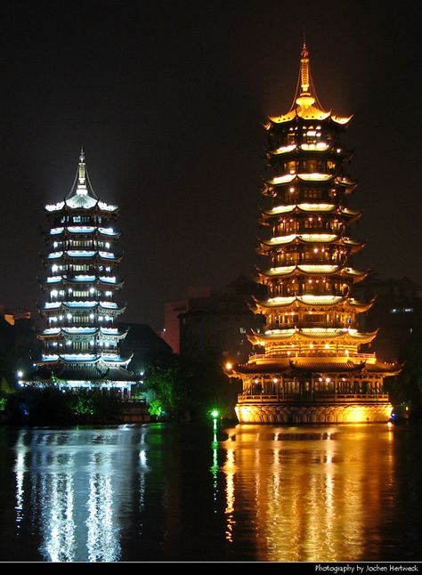 Sun and Moon Pagodas, Guilin, Guangxi, China Guangxi China, Guilin, Big City, Hangzhou, East Asia, Sun And Moon, Bright Lights, North East, Seattle Skyline