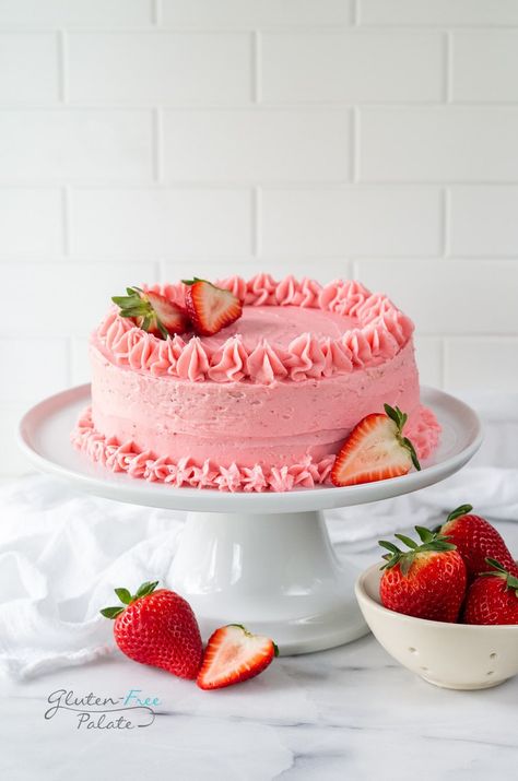 Gluten Free Strawberry Cake - Several Frosting Options! Gluten Free Strawberry Cake Recipe, Gluten Free Birthday Treats, Gluten Free Dairy Free Cake, Gluten Free Strawberry Cake, Gluten Free Sugar Cookies Recipe, Gluten Free Birthday Cake, Gluten Free Vanilla Cake, Strawberry Gluten Free, Strawberry Cream Cheese Frosting