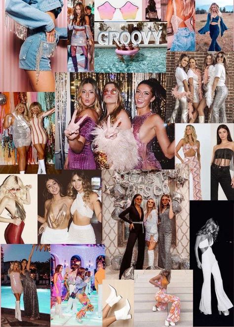 21st Themes Dress Up, 70s Night Outfit Party, Disco Outfits Bachelorette Party, 25 Is A Vibe, Mama Mia Bride Outfit, Disco Hen Do Outfit, Bach Party Night Out Themes, Disco Bach Party Outfits, Bach Party Dress Up Theme