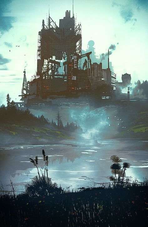 Fantasy Factory Art, Industrial City Art, Industrial City Concept Art, Punk Types, Factory Concept Art, Factory Landscape, Sketch Landscape, Fantasy Factory, Steampunk City