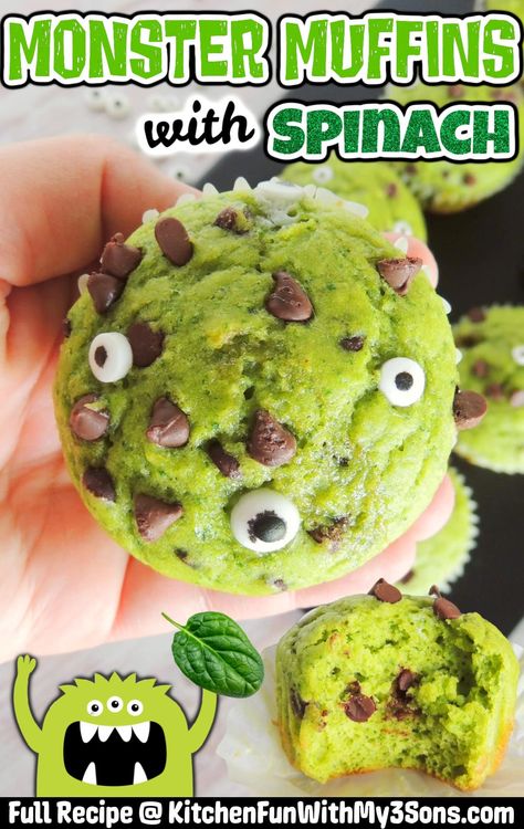 Monster Muffins - made with Spinach - a fun way to sneak veggies to Picky Eaters. Spinach Banana Muffins, Monster Muffins, Healthy Muffins For Kids, Spinach Muffins, Healthy Halloween Food, Veggie Muffins, Avocado Chocolate, Cupcake Pans, Homemade Muffins