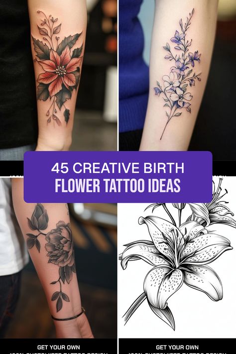 Explore 45 captivating birth flower tattoo ideas showcasing stunning designs for each month. This pin highlights floral symbolism and encourages creativity with unique tattoo options through four vibrant images. Rose Flower Bouquet Tattoo, Birth Tattoo Ideas Symbols, Birth Month Flower Tattoo Placement, Birthmonth Flower Tattoos Bouquet, May Birth Flower Tattoo Hawthorn, September Flower Tattoo Birth Month, Tattoos For Grandparents Passing, Birthday Month Flowers Tattoo, December Flower Tattoo Birth Month