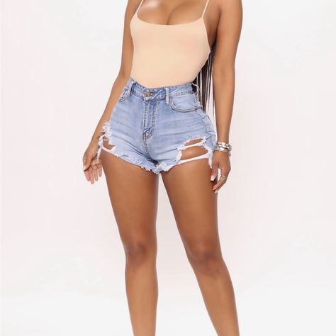 Brand New Fashion Nova Light Denim Shorts Size 9. Denim Shorts Have A Distress Look, Fray Hem, Shadow Back Pockets. 98% Cotton, 2% Spandex. Brand New With Tags!