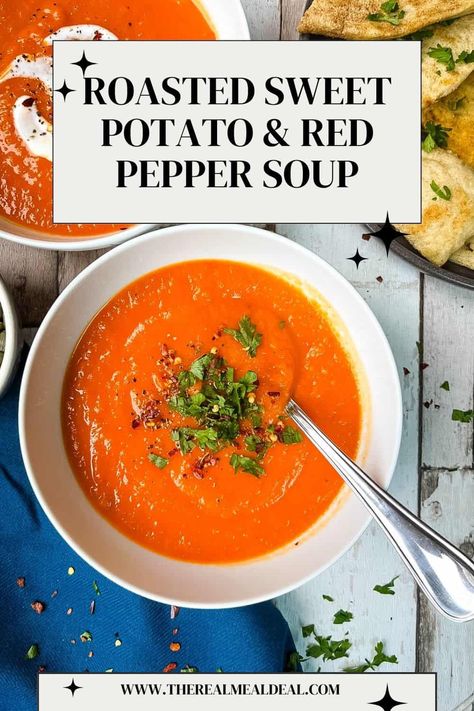 Sweet Potato Carrot Soup, Bell Pepper Soup, Sweet Potato Soup Recipes, Healthy Eating Quotes, Dairy Free Recipes Dinner, Roasted Red Pepper Soup, Low Calorie Soup, Red Pepper Soup, Roasted Sweet Potato