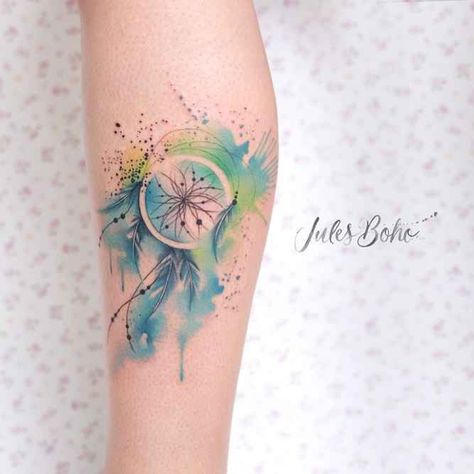 Tattoo artist Jules Boho | , Austria | iNKPPL Watercolor Tattoo Shoulder, Watercolor Tattoo Sleeve, Dream Catcher Tattoo Design, Boho Tattoos, Unalome Tattoo, Dream Catcher Tattoo, Small Tattoos Simple, Disney Tattoo, Tatuaje A Color