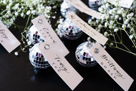 Mini Disco Ball, Place Card Calligraphy, Ornament Wedding Favors, Edgy Bridal, Disco Theme, Vintage Wedding Decorations, Wedding Place, Disco Party, Wedding Places