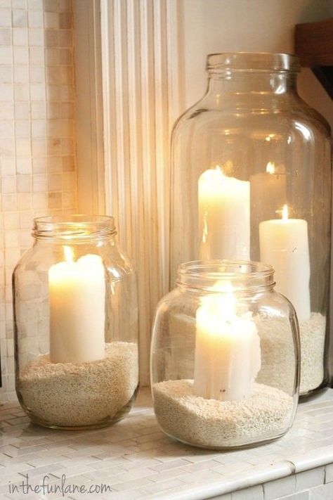 Sand & Candles in Mason Jars - simple and pretty for master - Click image to find more DIY & Crafts Pinterest pins. I'd like this for outside on patio. ;) Koti Diy, Sand Candles, Smart Tiles, Vintage Jars, Diy Slime, Nautical Decor, Handmade Home, Recycled Glass, Beach Decor