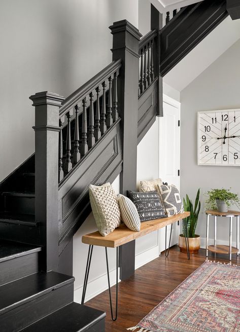 entryway-black-staircase-diy-wood-bench-9486566f Staircase Banister Ideas, Black Railing, Black Staircase, Painted Staircases, Foyer Ideas, House Staircase, Staircase Remodel, Wood Staircase, Staircase Makeover