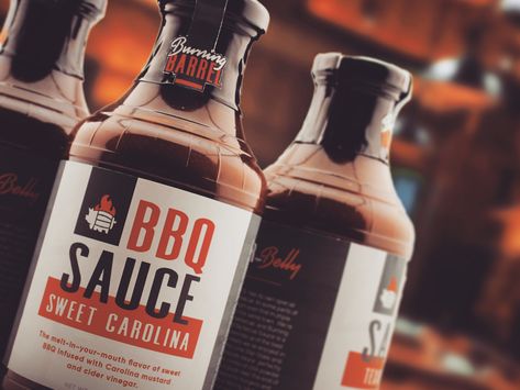 Burning Barrel BBQ Sauce Packaging by Jordan Lee on Dribbble Burn Barrel, Sauce Packaging, Bbq Brands, Barrel Bbq, Dry Rub, Bottle Packaging, Passion Project, Taste Testing, Bbq Sauce