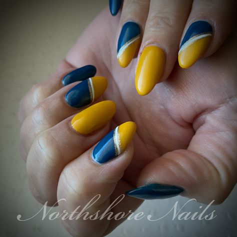 Yellow And Navy Nails, Navy And Yellow Nails, Navy Nails, Yellow Nail Art, Yellow Nails Design, Cute Simple Nails, Alpha Xi, Blue Nail Designs, Short Acrylic