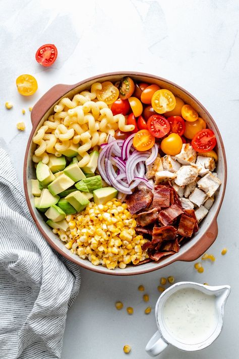 Grilled Chicken Bacon Ranch Pasta Salad | Ambitious Kitchen Bacon Pasta Salad Recipes, Chicken Bacon Ranch Pasta Salad, Mayo Pasta Salad Recipes, Bacon Pasta Salad, Healthy Pasta Salad Recipes, Bacon Ranch Pasta, Bacon Ranch Pasta Salad, Chicken Bacon Pasta, Chicken Bacon Ranch Pasta